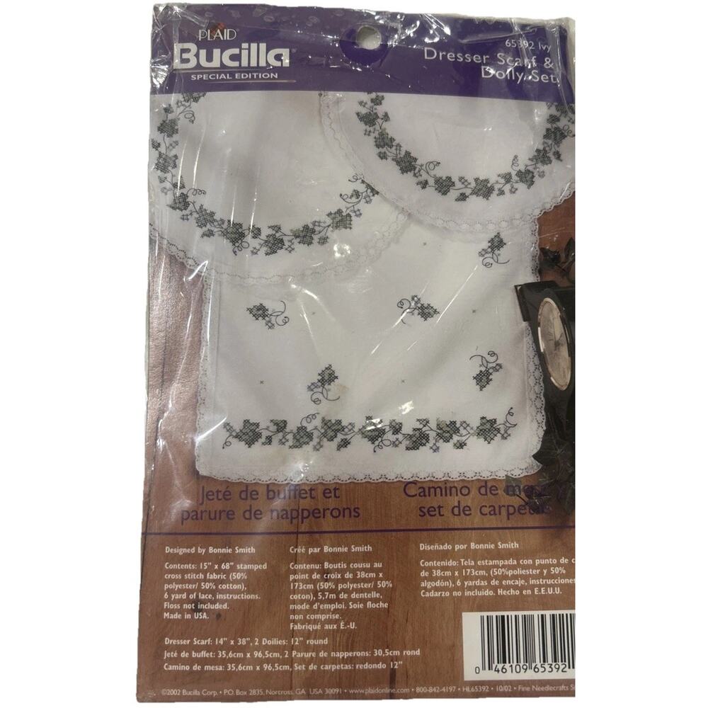 Vtg Bucilla Ivy Dresser Scarf‎ 2 Doily Cross Stitch Lace Set 65392 Stamped NEW